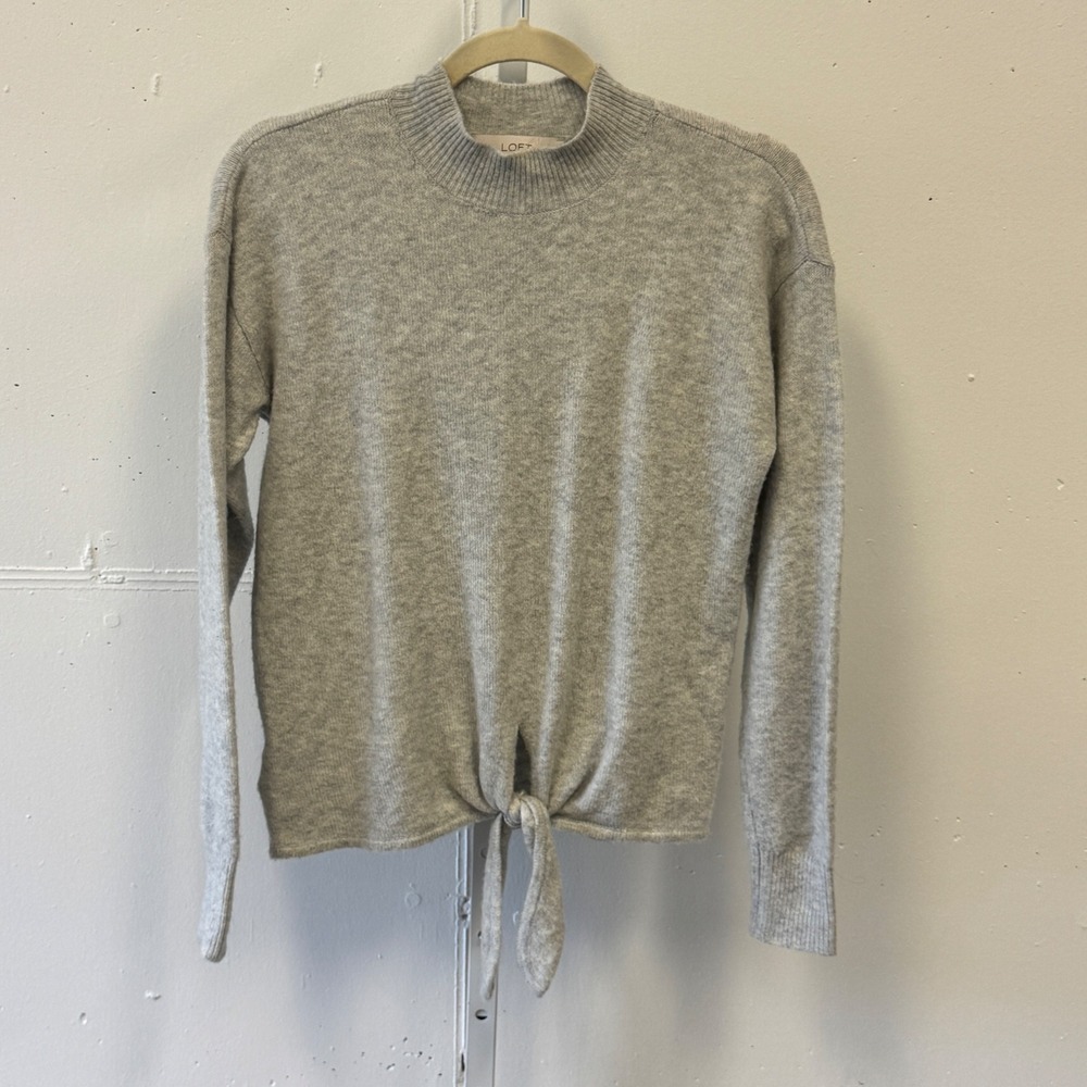 Loft Petites Gray Mock Neck Tie Front Wool Blend Sweater SP Soft Cozy Monochrome